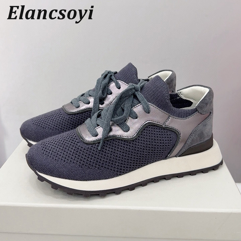 Knit Fabric Lace Up Sneakers - Scarpe basse da donna String Bead