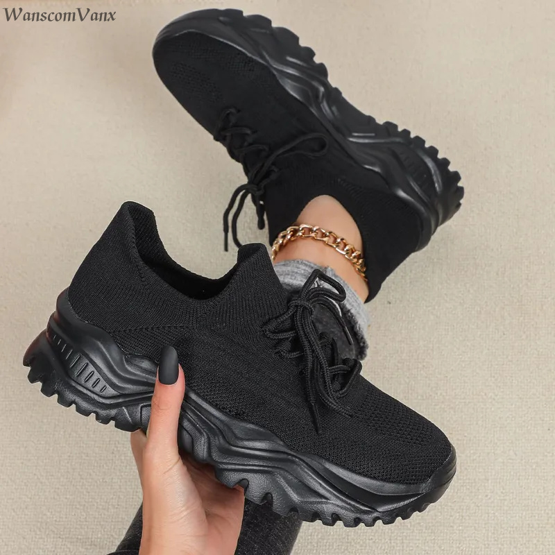 Knit Fabric Lace Up Sneakers - Sneakers con Plateau alla Moda per